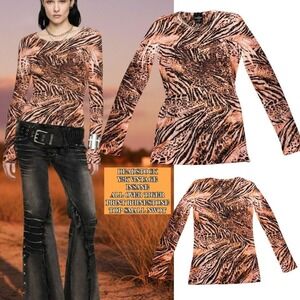 🐅 deadstock Sledge USA Y2K Tiger Print Rhinestone Bling Top Small NWOT